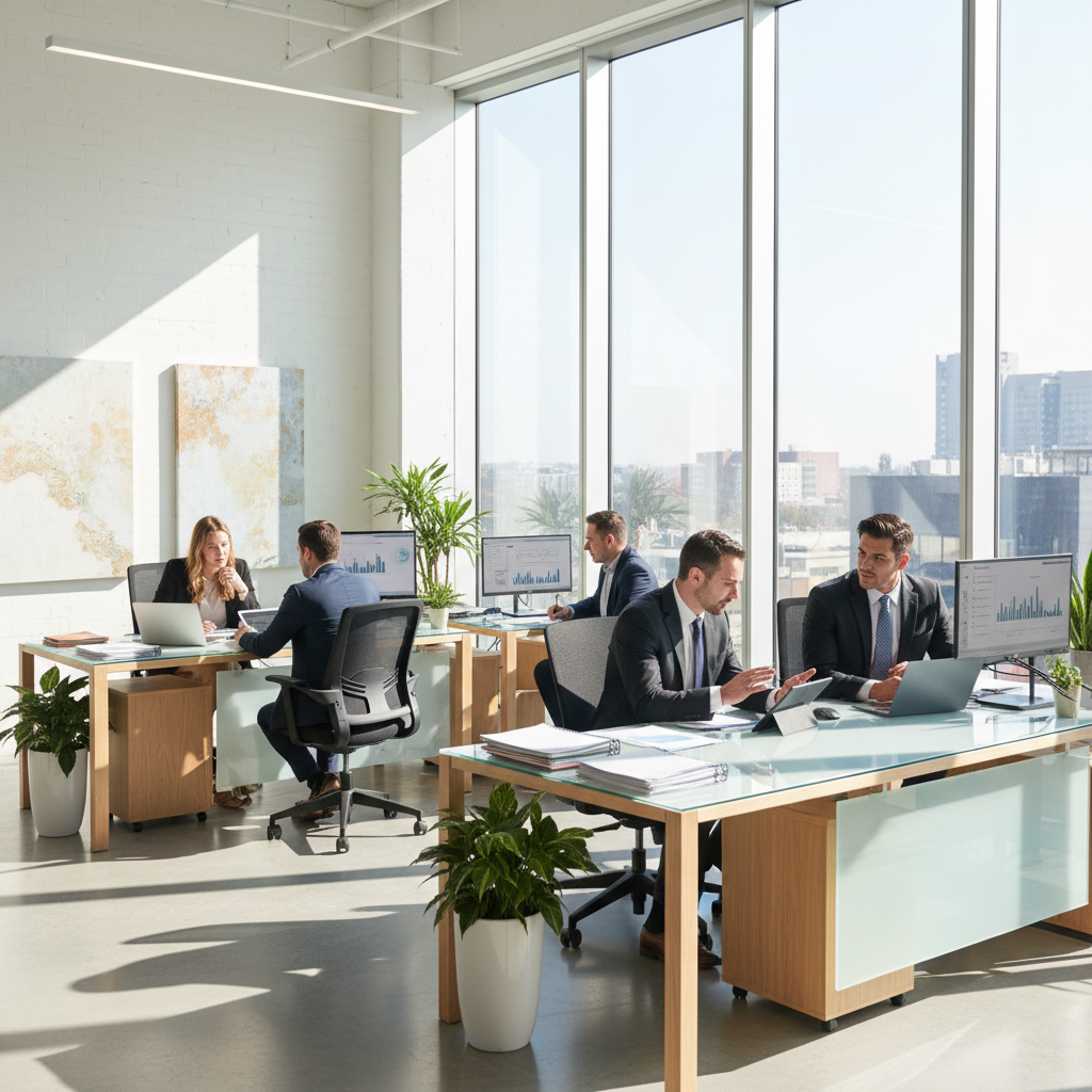 Professional financial advisor consulting with clients in modern office setting, representing Country Firm Bank's personalized banking approach